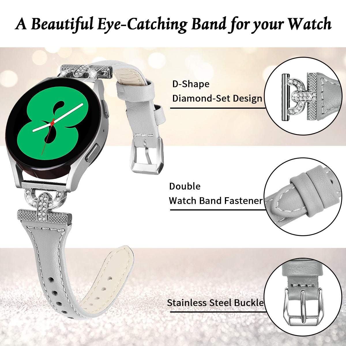 Watch Band for Samsung Galaxy Watch Active 1 2 3 40mm 44mm 20mm Genuine Cow Leather Rhinestone Decor Strap with Silver Buckle Watch Band for Samsung Galaxy Watch Active 1 2 3 40mm 44mm 20mm Genuine Cow Leather Rhinestone Decor Strap with Silver Buckle